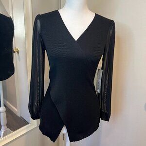 NWT Absolutely Famous Black Faux Wrap sweater sheer sleeves, Size Small